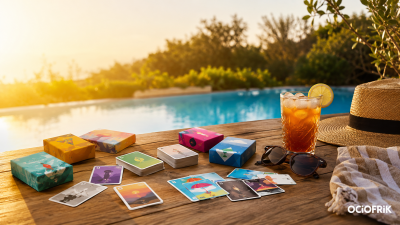 Cinco juegos de mesa pequeños y rápidos sobre una mesa junto a una piscina en verano, perfectos para llevar de viaje, a la playa o de vacaciones.